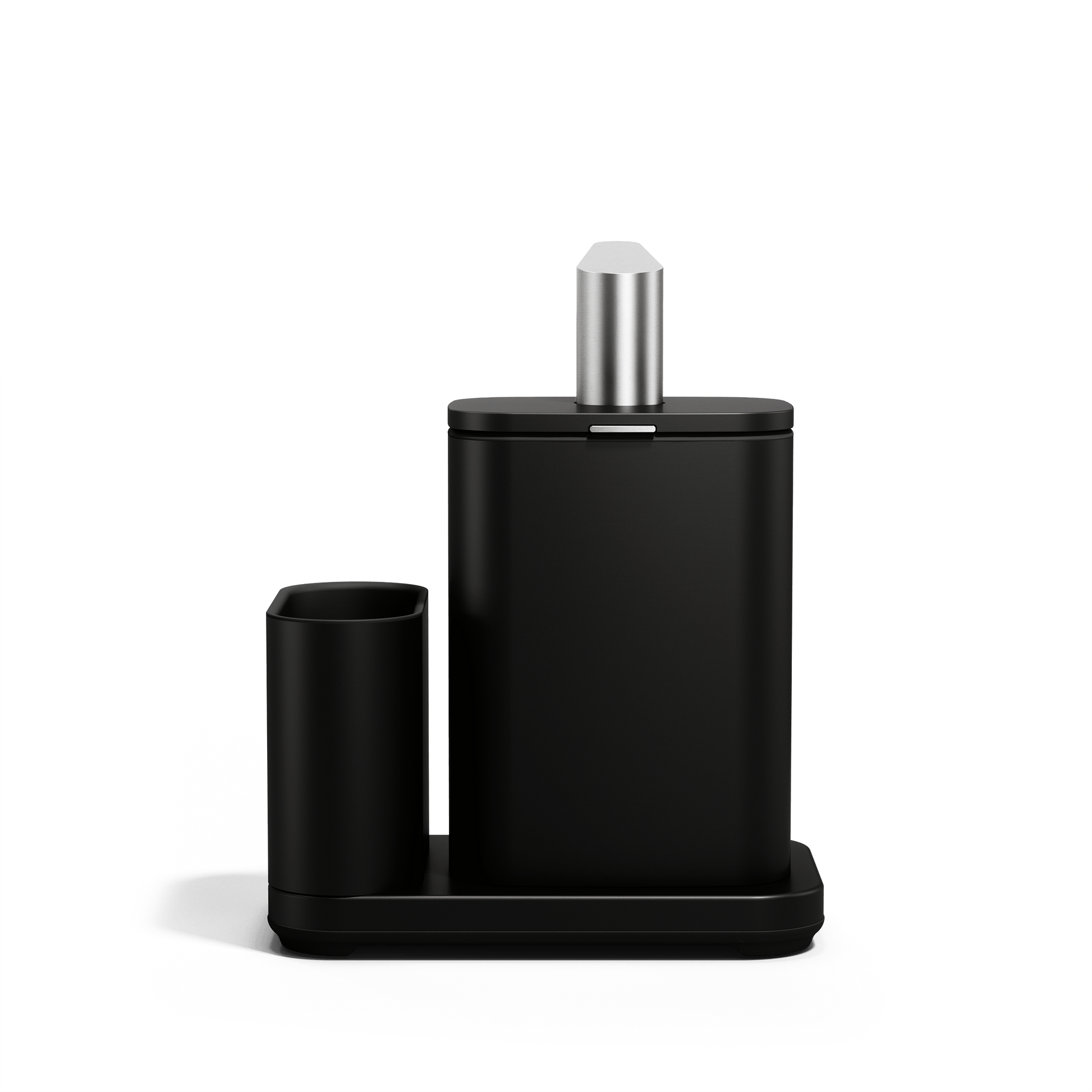 Back of Simplehuman Matte Black Pulse Pump with Caddy.