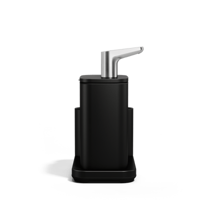 Side view of Simplehuman Matte Black Pulse Pump with Caddy with Stainless Steel Pump.