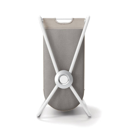 Back view of Simplehuman Double X-Frame Hamper, White frame structure supporting the dual beige/gray removable liner.