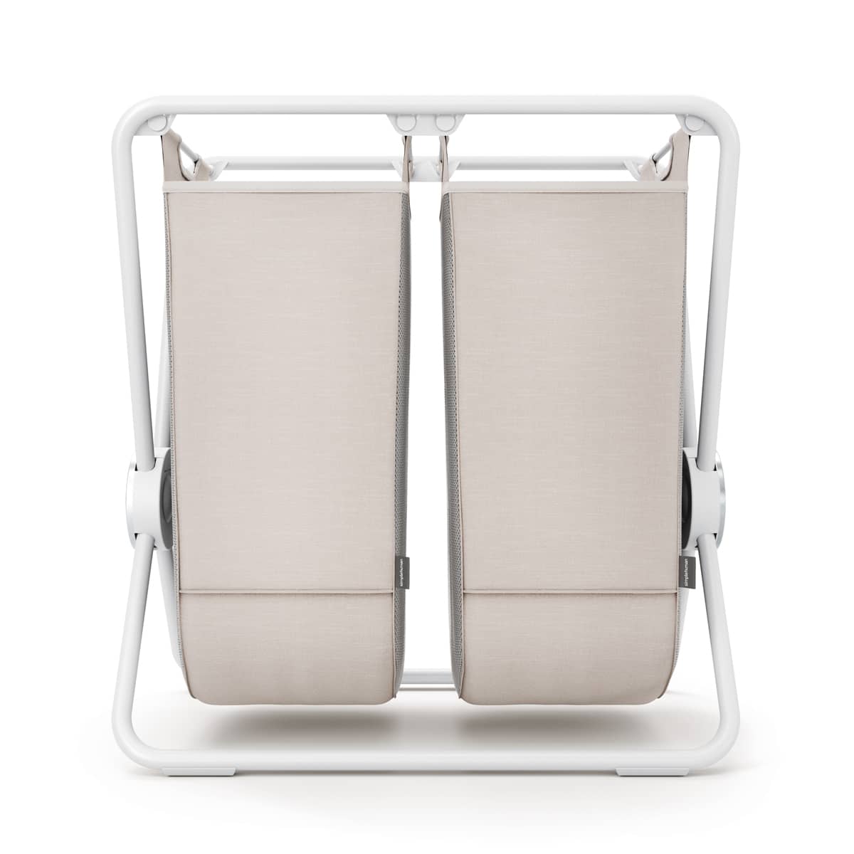 Front view of Simplehuman Double X-Frame Hamper, White, dual removable liners for laundry sorting.