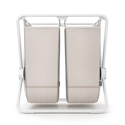Front view of Simplehuman Double X-Frame Hamper, White, dual removable liners for laundry sorting.