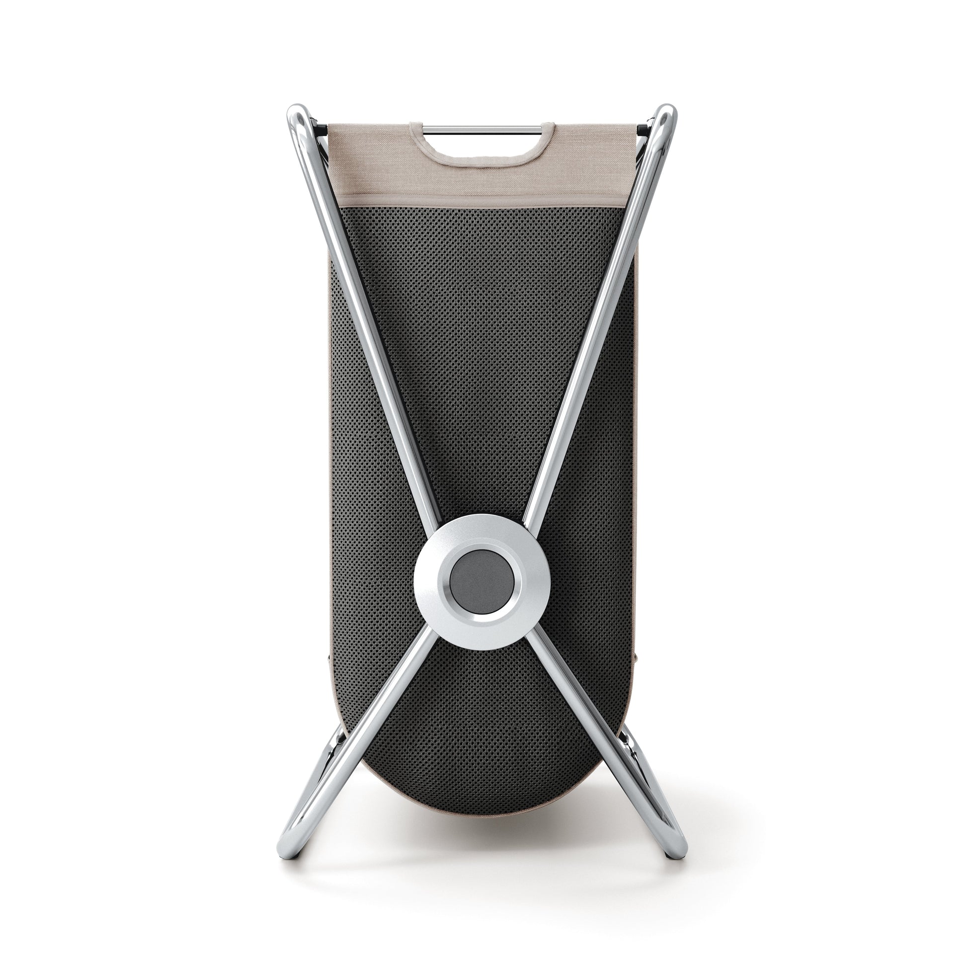 Back view of Simplehuman Double X-Frame Hamper, polished stainless steel frame and carry handle of the removable liner.