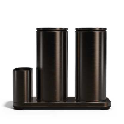 Front view: Simplehuman Dark Bronze Dual Sensor Pump 14 oz. with Caddy, twin rechargeable hands-free dispensing.