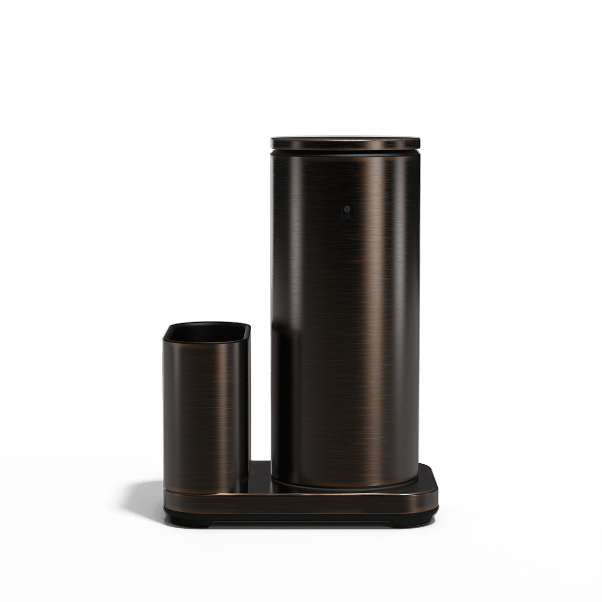 Studio front view: Simplehuman Brushed Bronze 14 oz Sensor Pump + Caddy, rechargeable touch-free design.