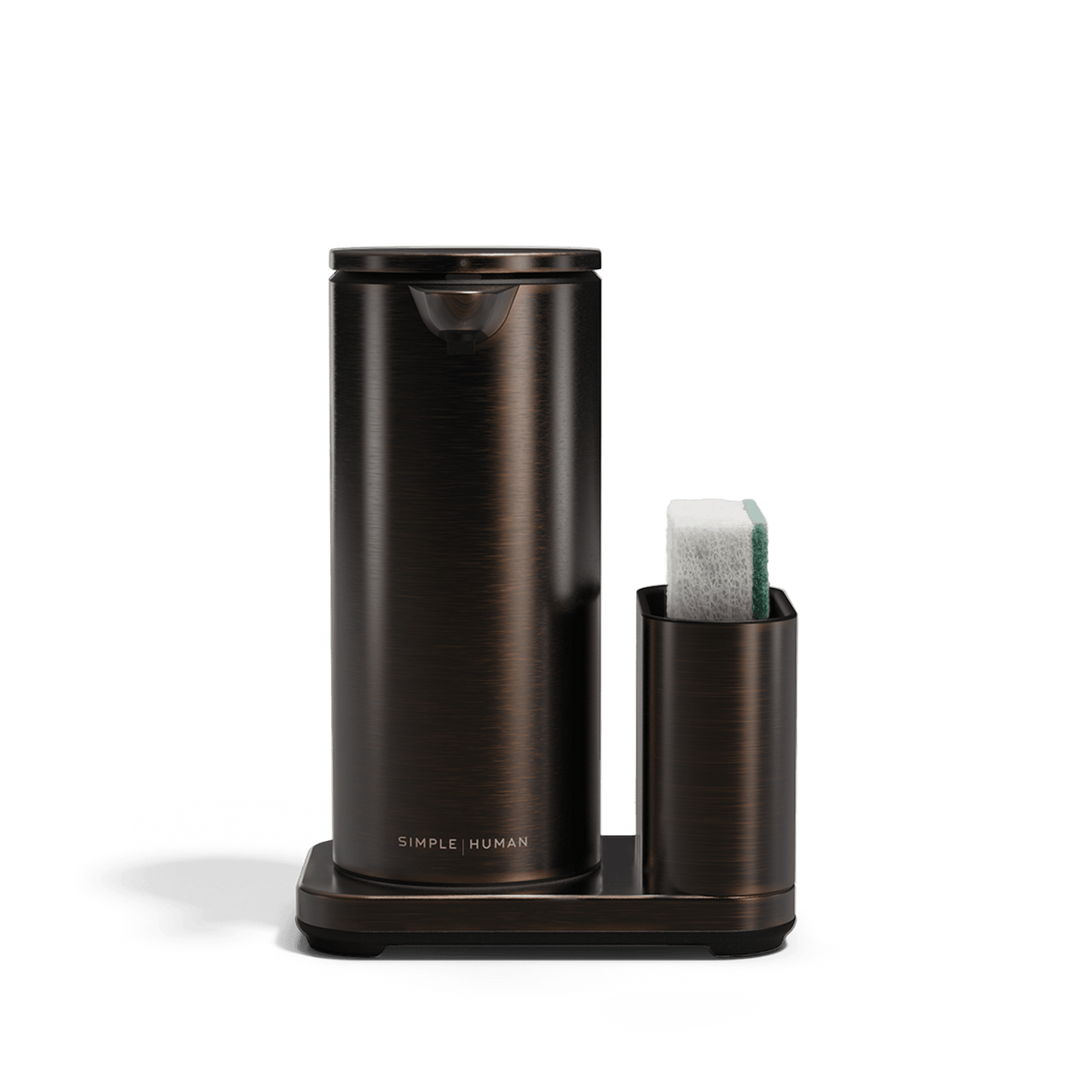 Simplehuman Brushed Bronze 14 oz Sensor Pump + Caddy, touch-free, rechargeable, with sponge in removable dock.