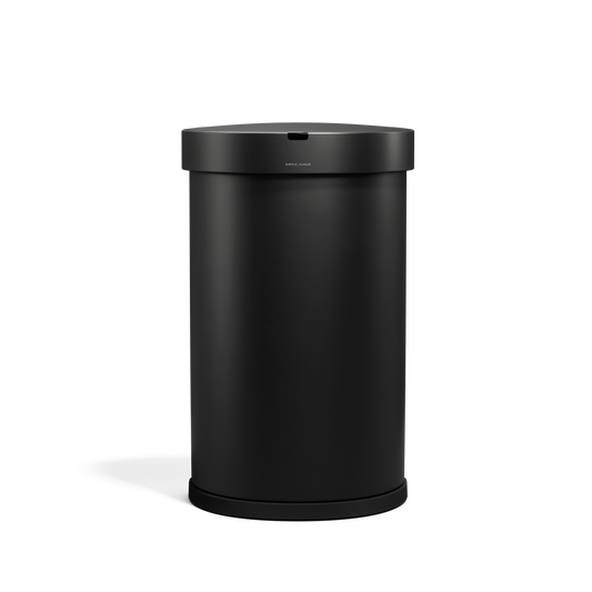 Front view of Simplehuman 45L Semi-Round Sensor Can in Matte Black, touch-free waste disposal.