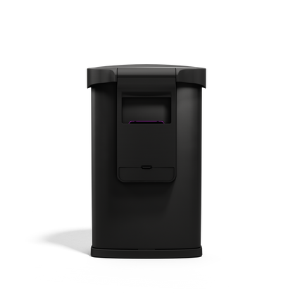 Back view of Simplehuman 45L Semi-Round Sensor Can, Matte Black, showing built-in liner pocket storage.
