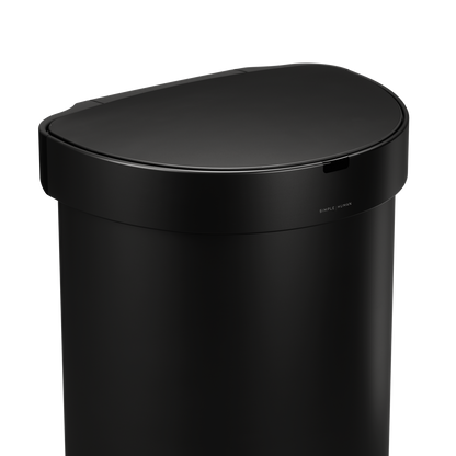 Detail view of Simplehuman 45L Semi-Round Sensor Can, Matte Black finish, highlighting the touch-free sensor.