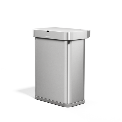 Angled view of Simplehuman 58L Rectangular Sensor Can in Brushed Stainless Steel, touch-free operation.