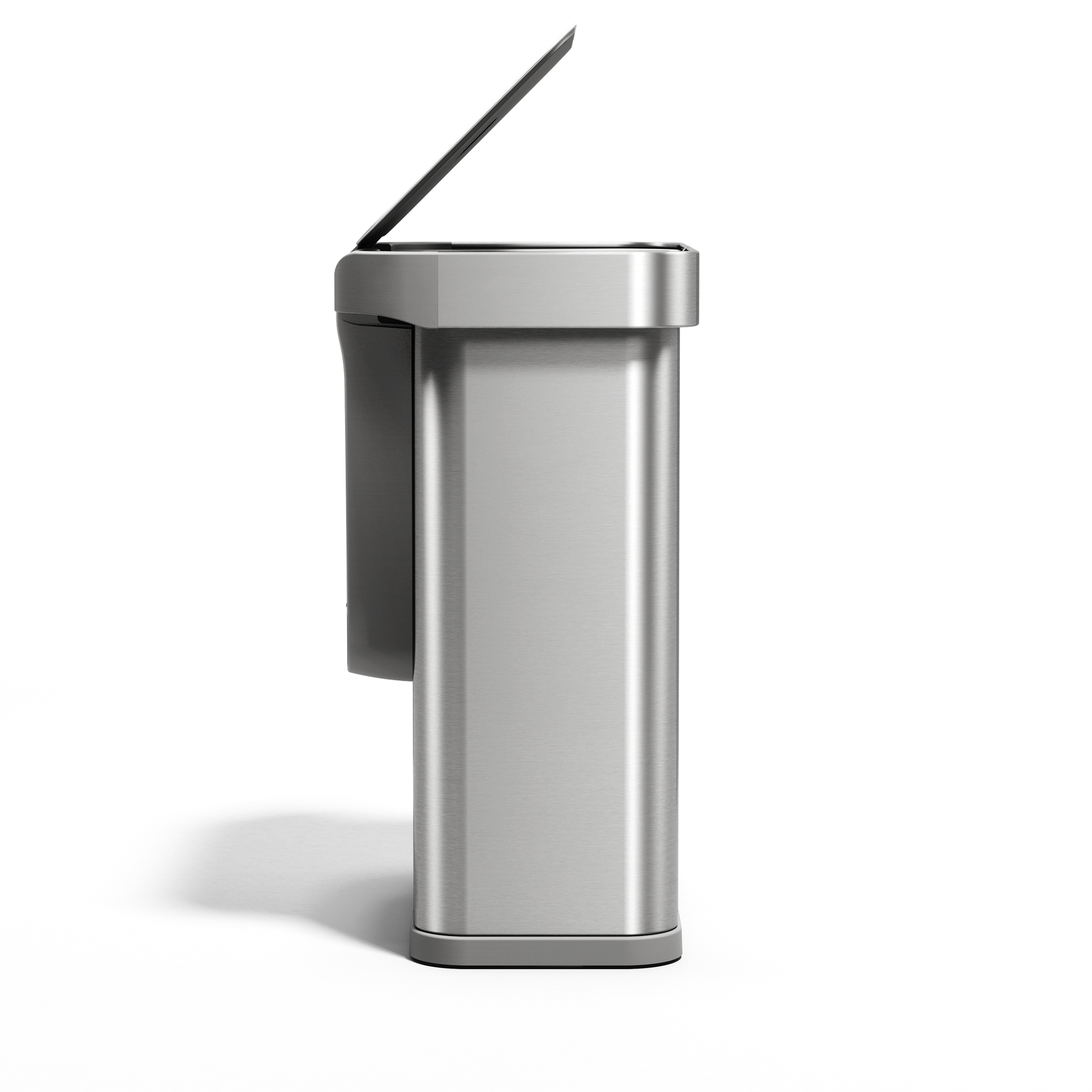 Side view of Simplehuman 58L Rectangular Sensor Can in Brushed Stainless Steel with touch-free lid open.
