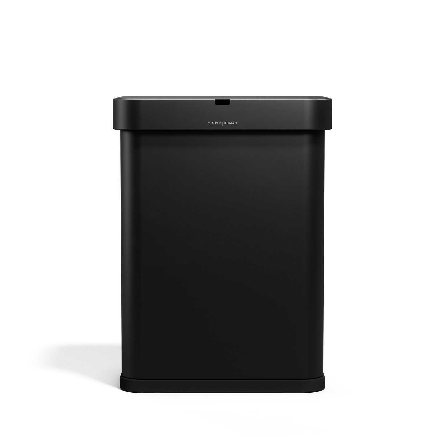 Frontal view of Simplehuman 58L Rectangular Sensor Can in Matte Black, touch-free operation.