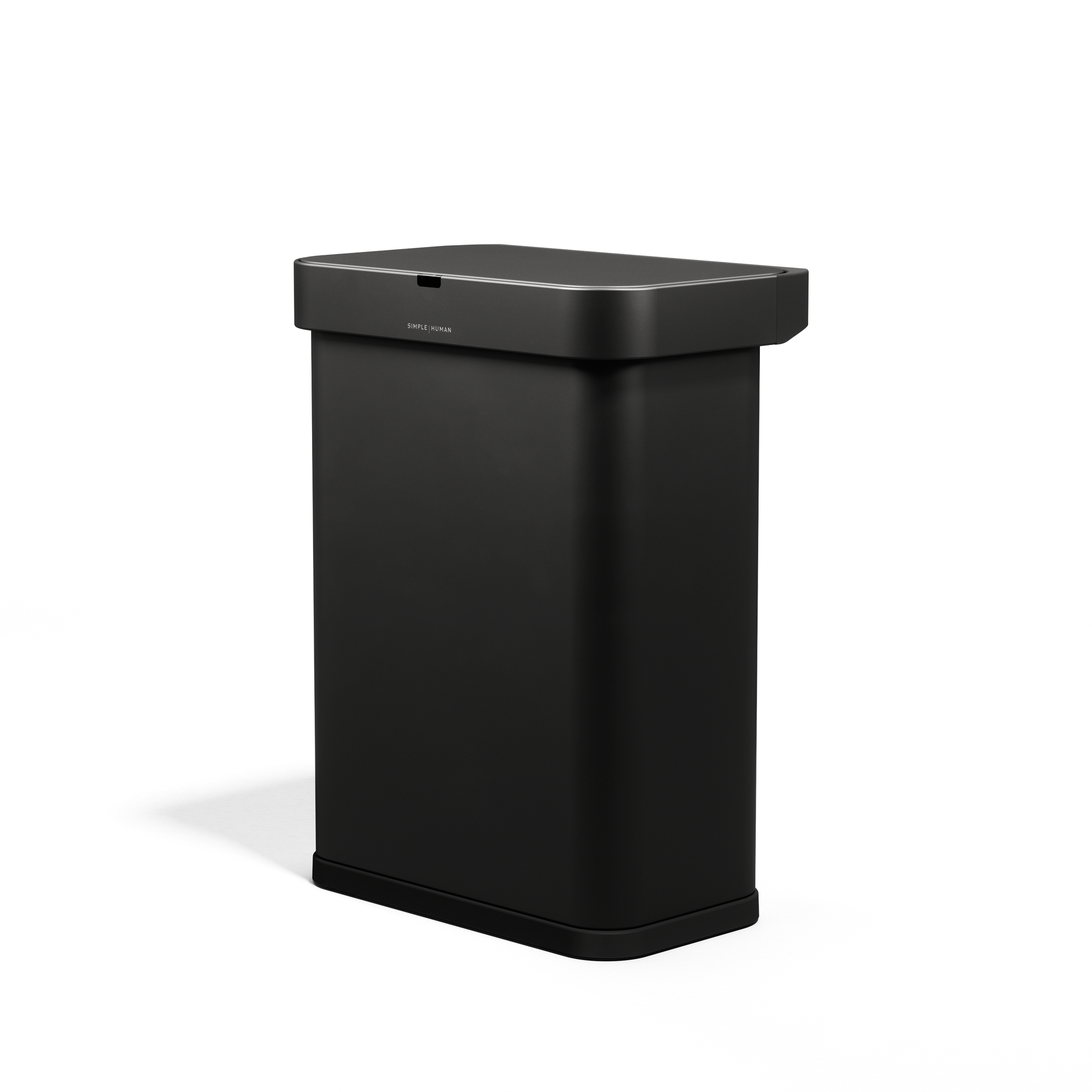 Angled view of Simplehuman 58L Rectangular Sensor Can in Matte Black, touch-free operation.