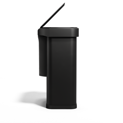 Side view of Simplehuman 58L Rectangular Sensor Can in Matte Black, touch-free lid open.