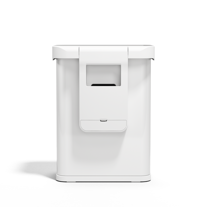 Back view of Simplehuman 58L Rectangular Sensor Can in White, showing the built-in liner pocket.
