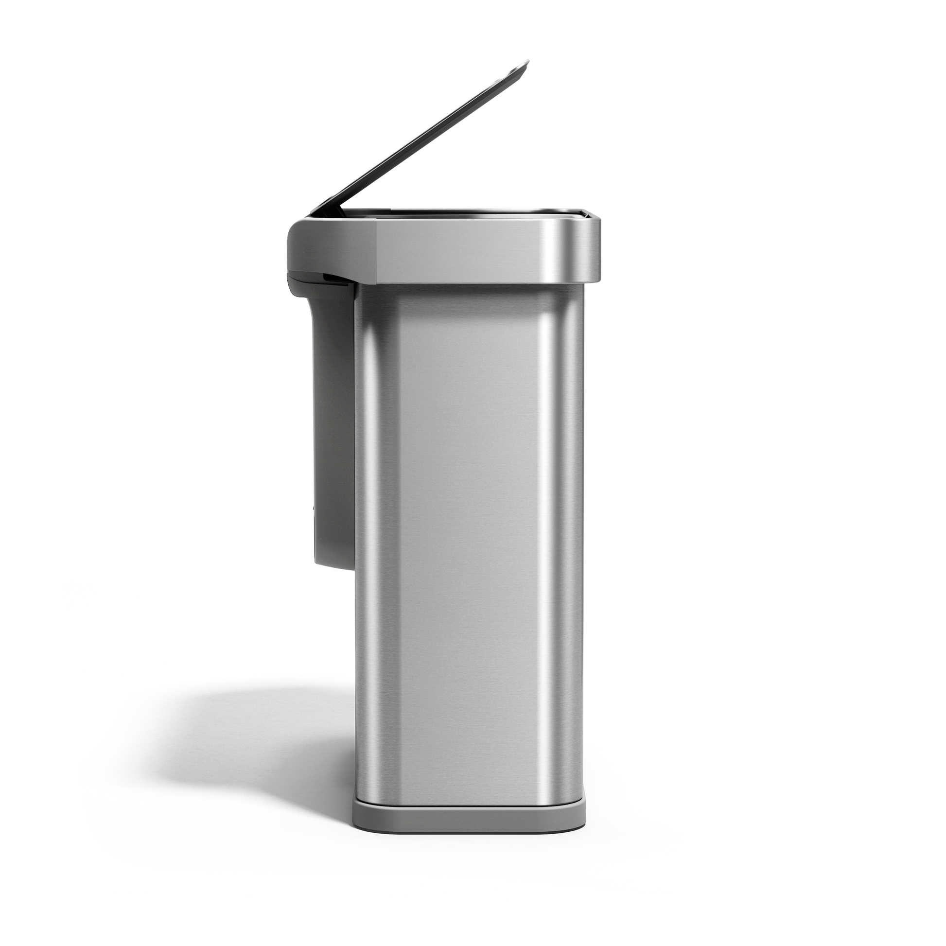 Side view, Simplehuman 58L Sensor Recycler, Brushed Stainless Steel, touch-free dual bin with lid open.