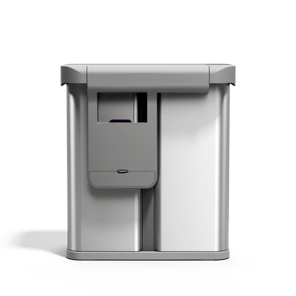 Close-up of Simplehuman 58L Sensor Recycler, Brushed Stainless Steel, showing the touch-free sensor lid.