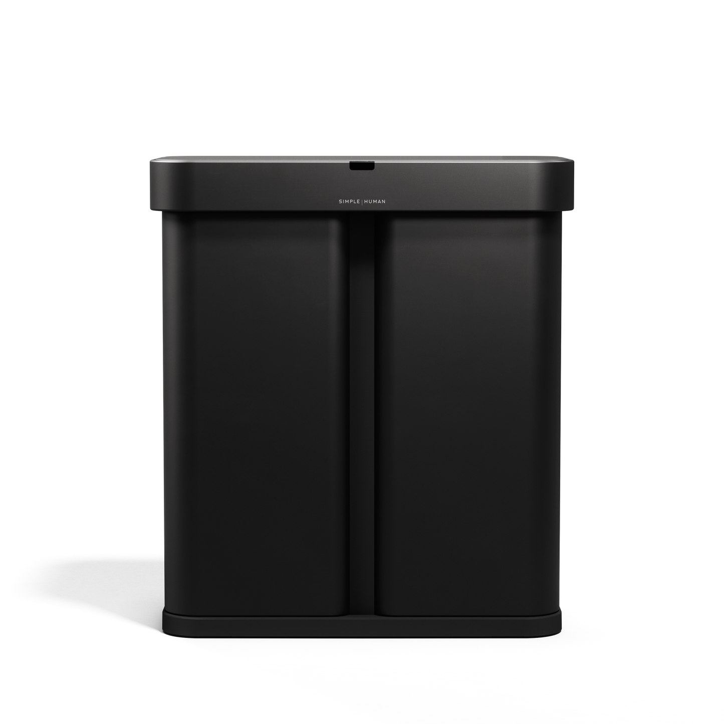 Front view, Simplehuman 58L Sensor Recycler in Matte Black, touch-free dual bin for trash and recycling.