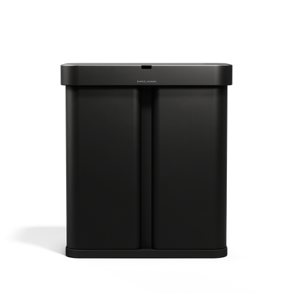 Front view, Simplehuman 58L Sensor Recycler in Matte Black, touch-free dual bin for trash and recycling.