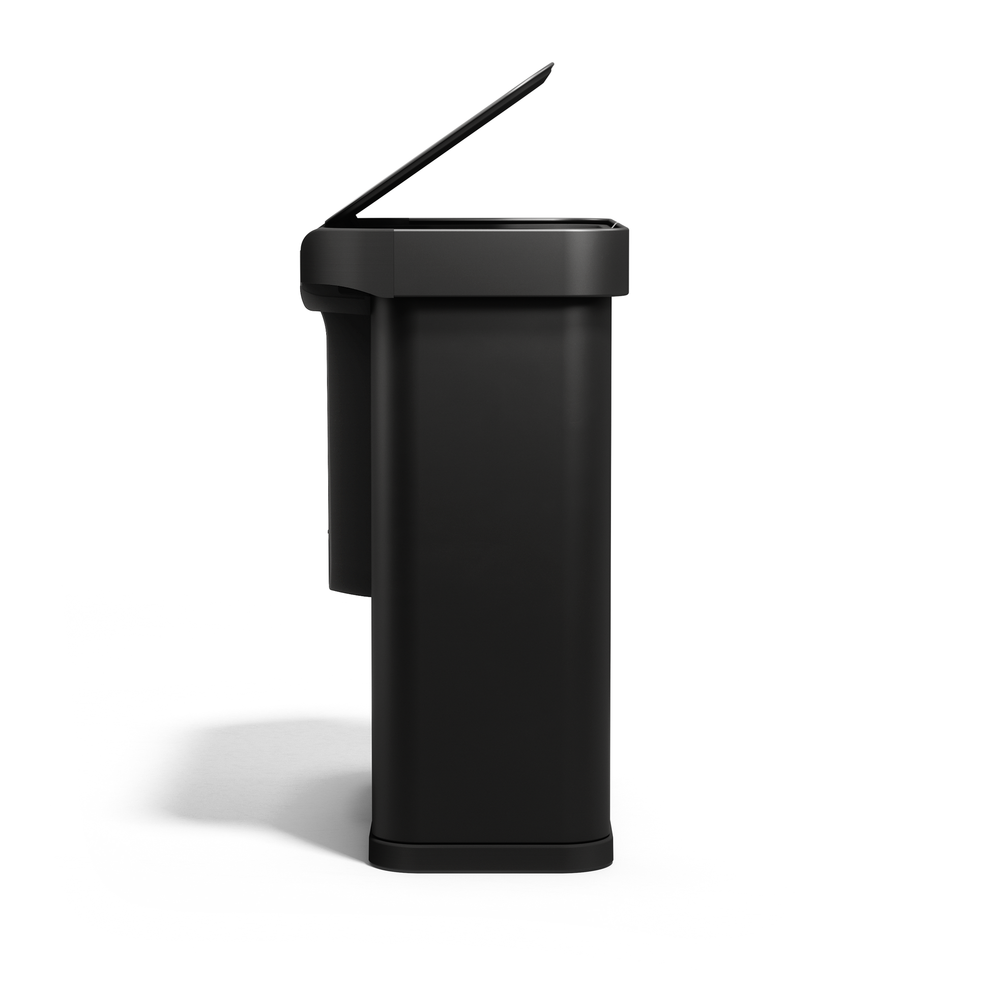 Side view, Simplehuman 58L Sensor Recycler, Matte Black, touch-free dual bin with lid open.