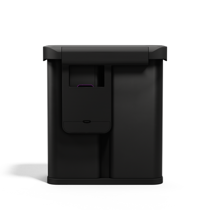 Side view, Simplehuman 58L Sensor Recycler, Matte Black, closed profile showing the built-in liner dispenser.