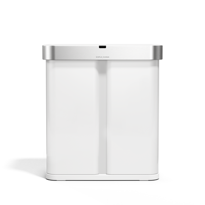 Front view, Simplehuman 58L Sensor Recycler in White/Brushed Stainless Steel, touch-free dual bin system.