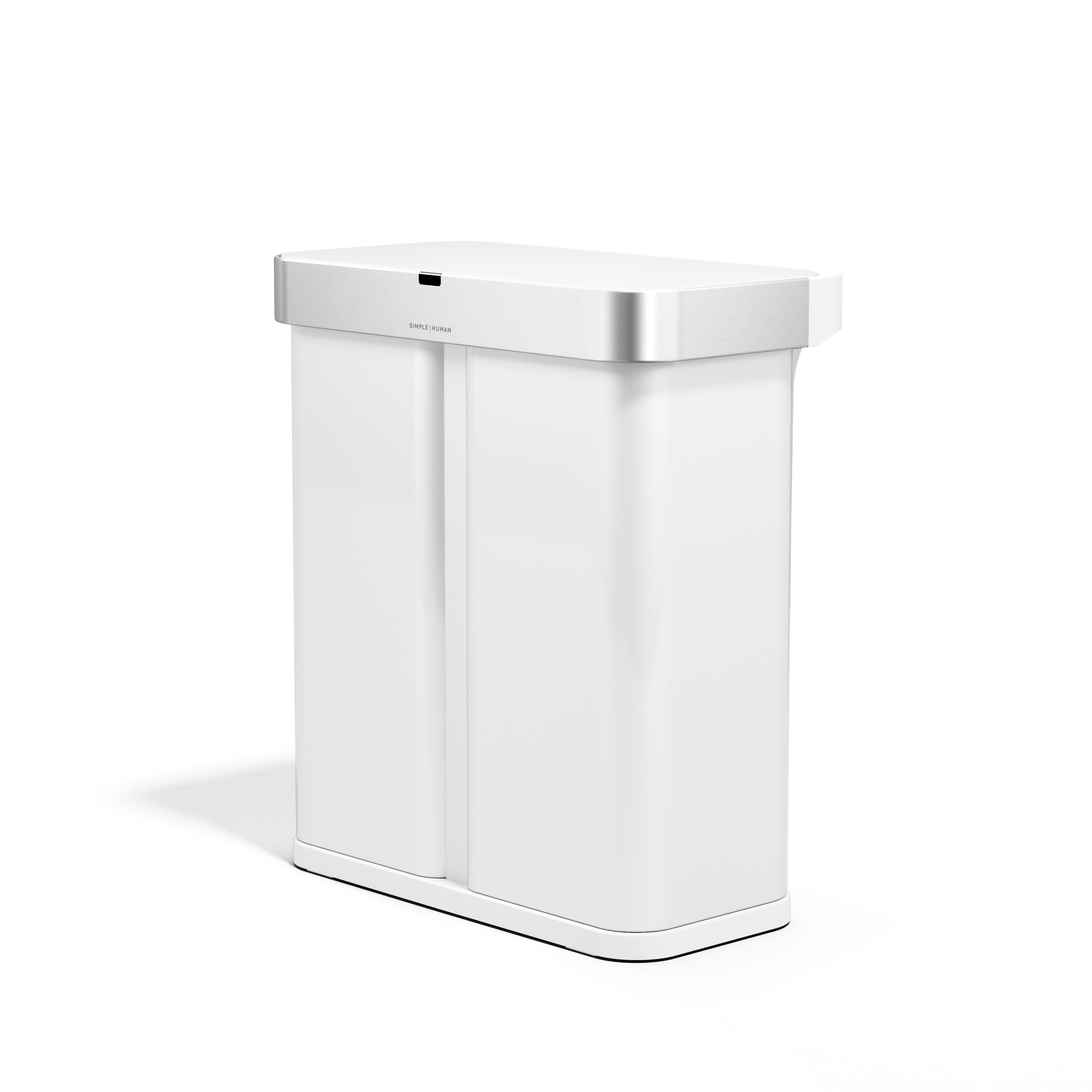 Angled view of Simplehuman 58L Sensor Recycler, White/Brushed Stainless Steel, touch-free dual trash and recycling bin.