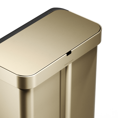 Simplehuman's Matte Gold Sensor Recycler top view highlighting the lid and the sensor.