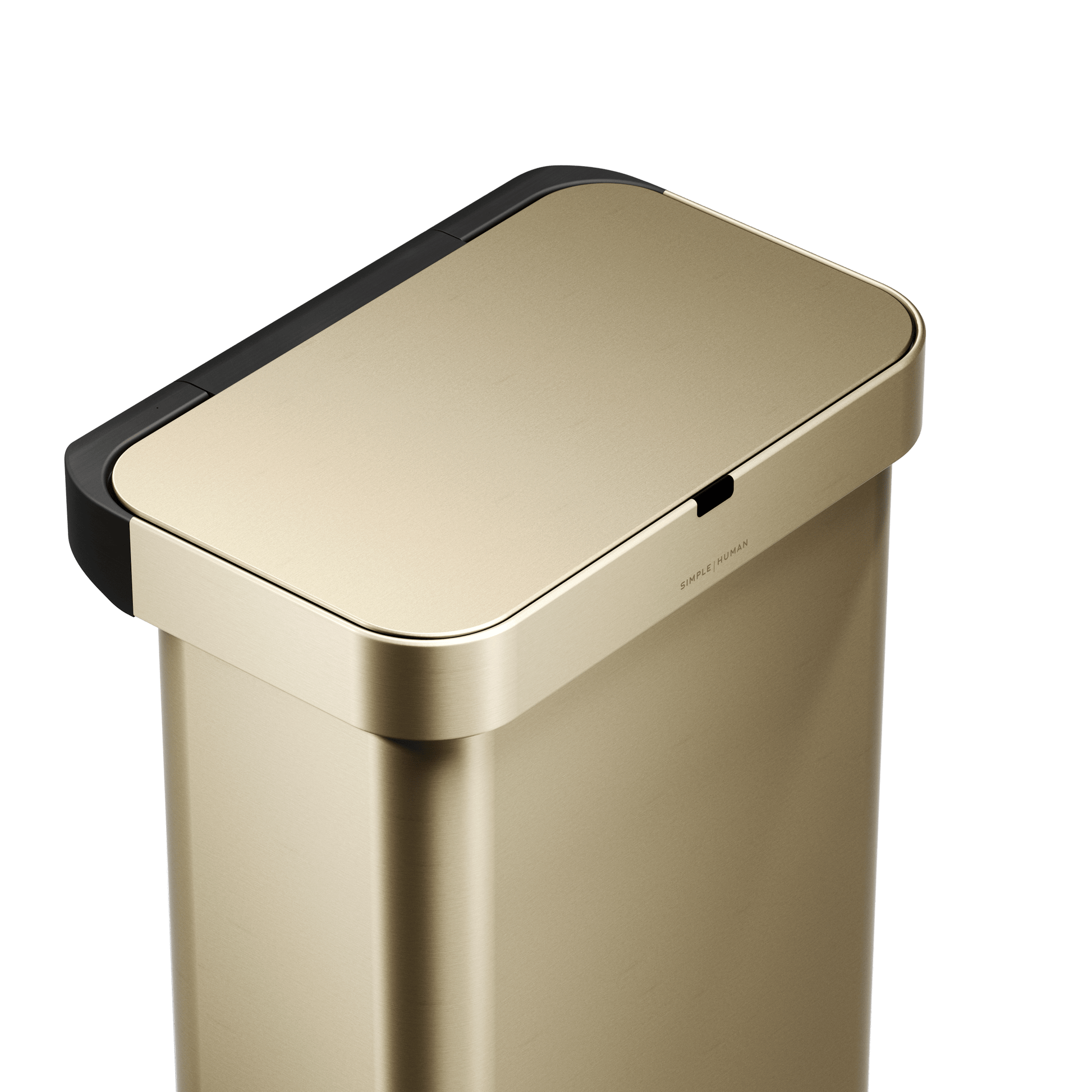Simplehuman's Sensor Can in Matte Gold showcasing the lid and the sensor on the top of the can.