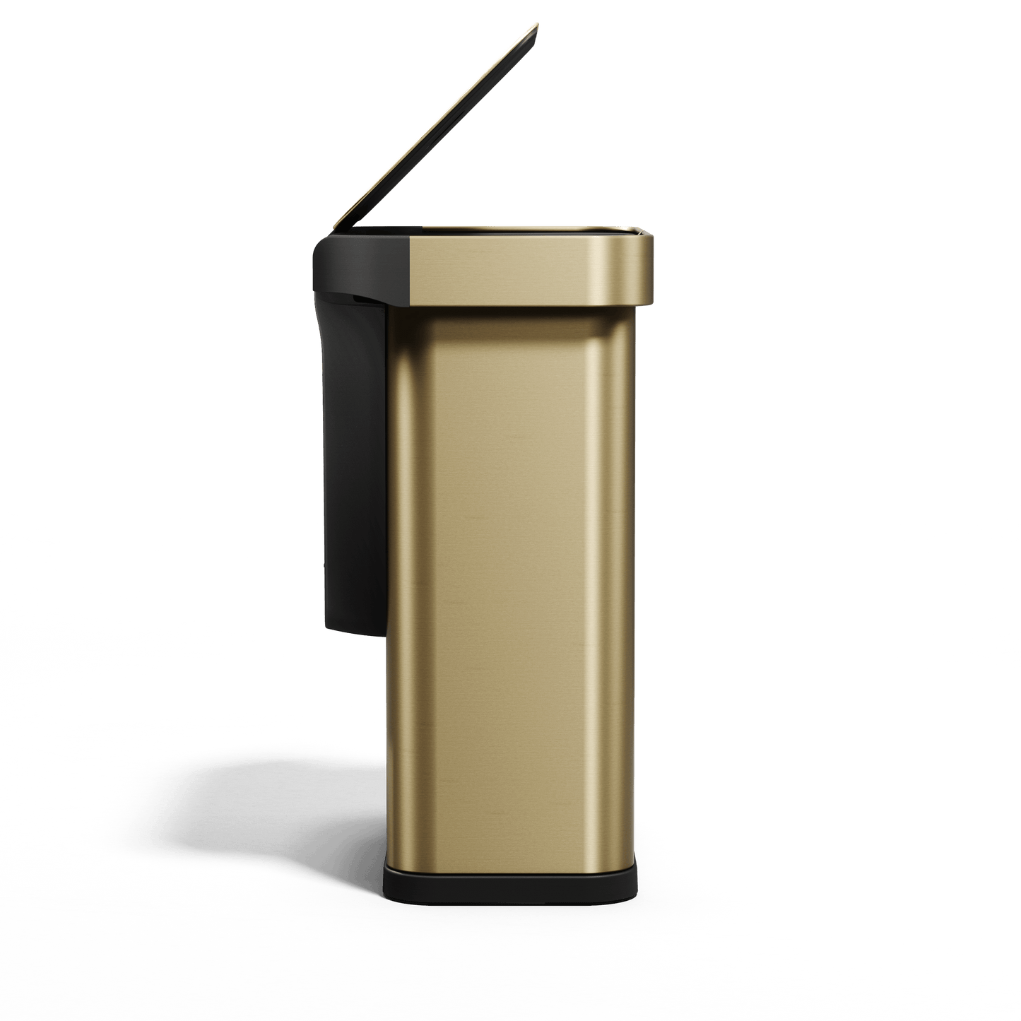 Simplehuman's Sensor Can in Matte Gold Side view showcasing the lid being opened and the black trim around the can.