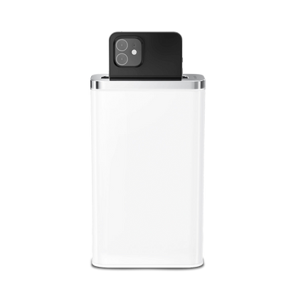 Simplehuman White Cleanstation, UV-C device sanitizer with phone partially inserted.