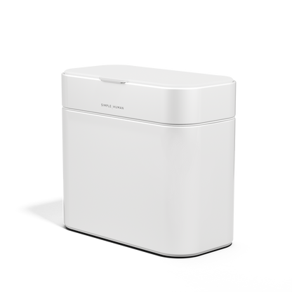 Angled view of Simplehuman White Compost Caddy showing sleek design and tight, odor-proof seal.
