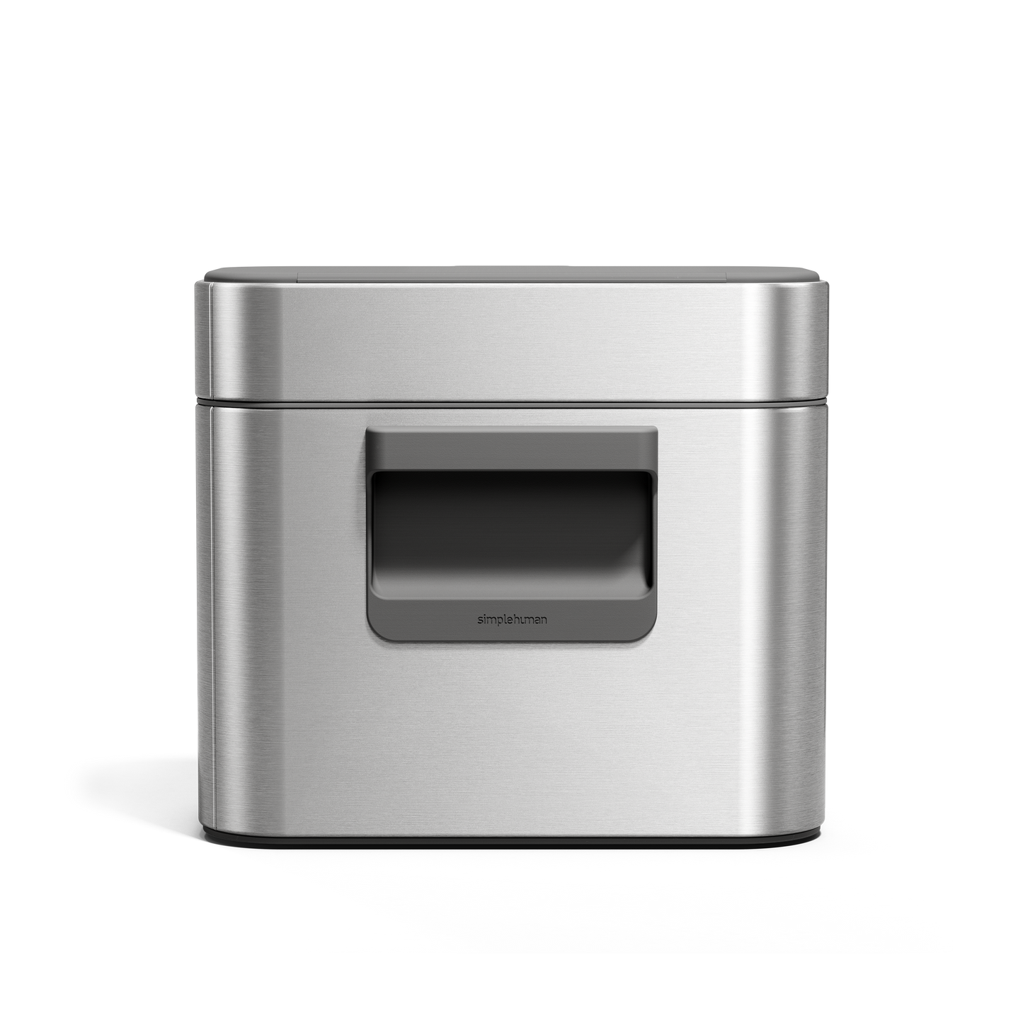 Simplehuman Brushed Stainless Steel Compost Caddy, front view highlighting the magnetic latch handle for airtight seal.