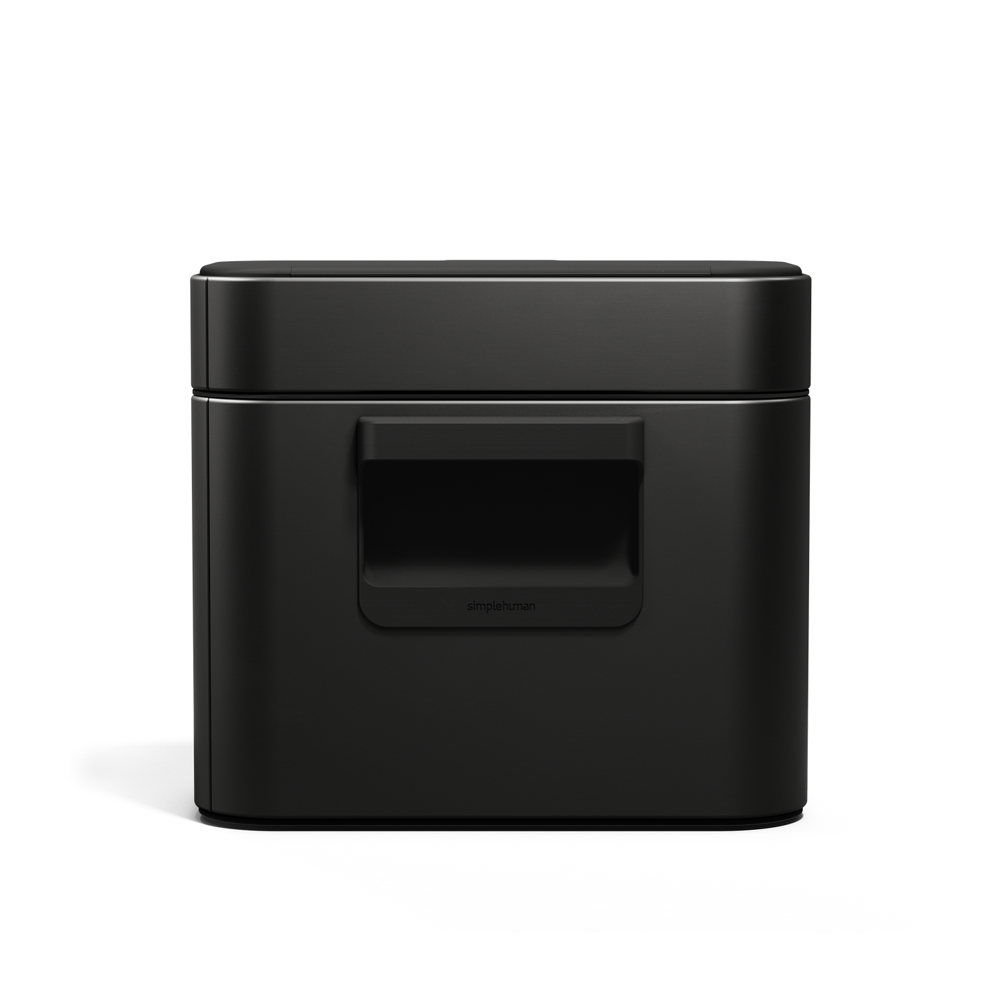 Simplehuman Matte Black Compost Caddy, profile view showing magnetic handle and sealed, odor-proof countertop design.
