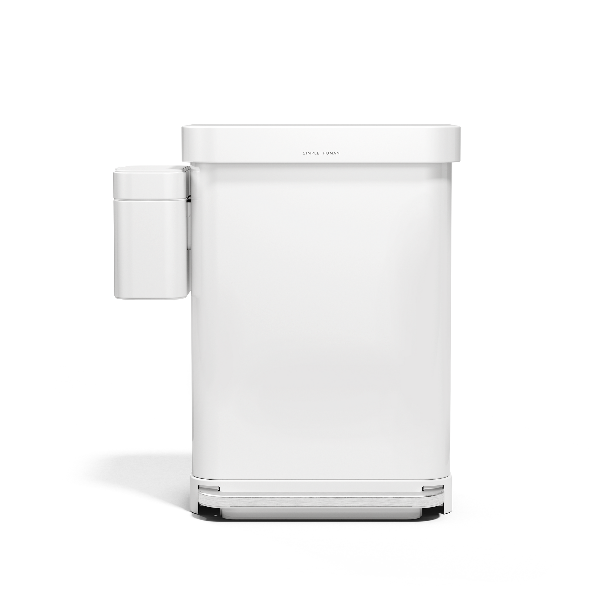 Side view of Simplehuman White Step Can with magnetically attached Compost Caddy for easy access.