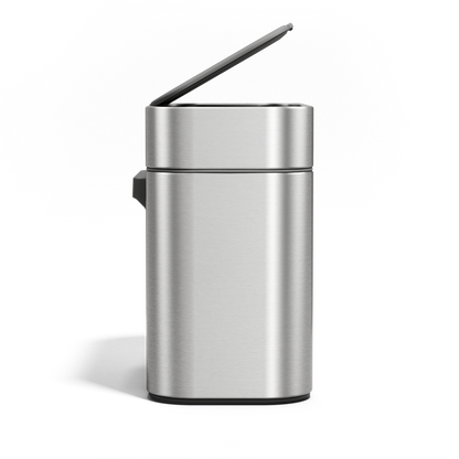 Simplehuman Brushed Stainless Steel Compost Caddy, front view with partially open lid for easy countertop use.