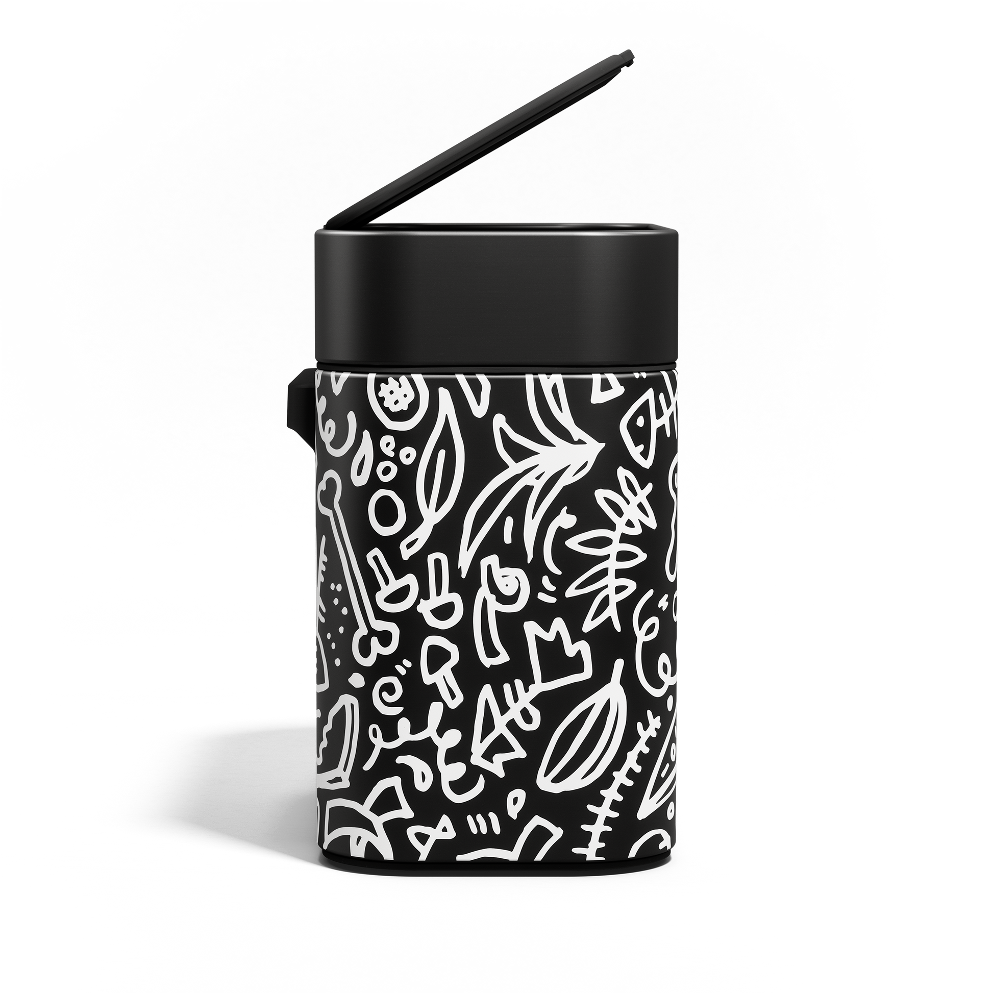 Simplehuman Matte Black Compost Caddy with white doodle pattern, lid raised for quick, odor-proof disposal.