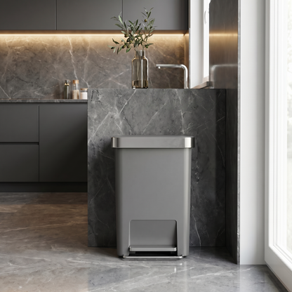 Simplehuman's 45L Hybrid Can in a modern, futuristic bathroom setting.