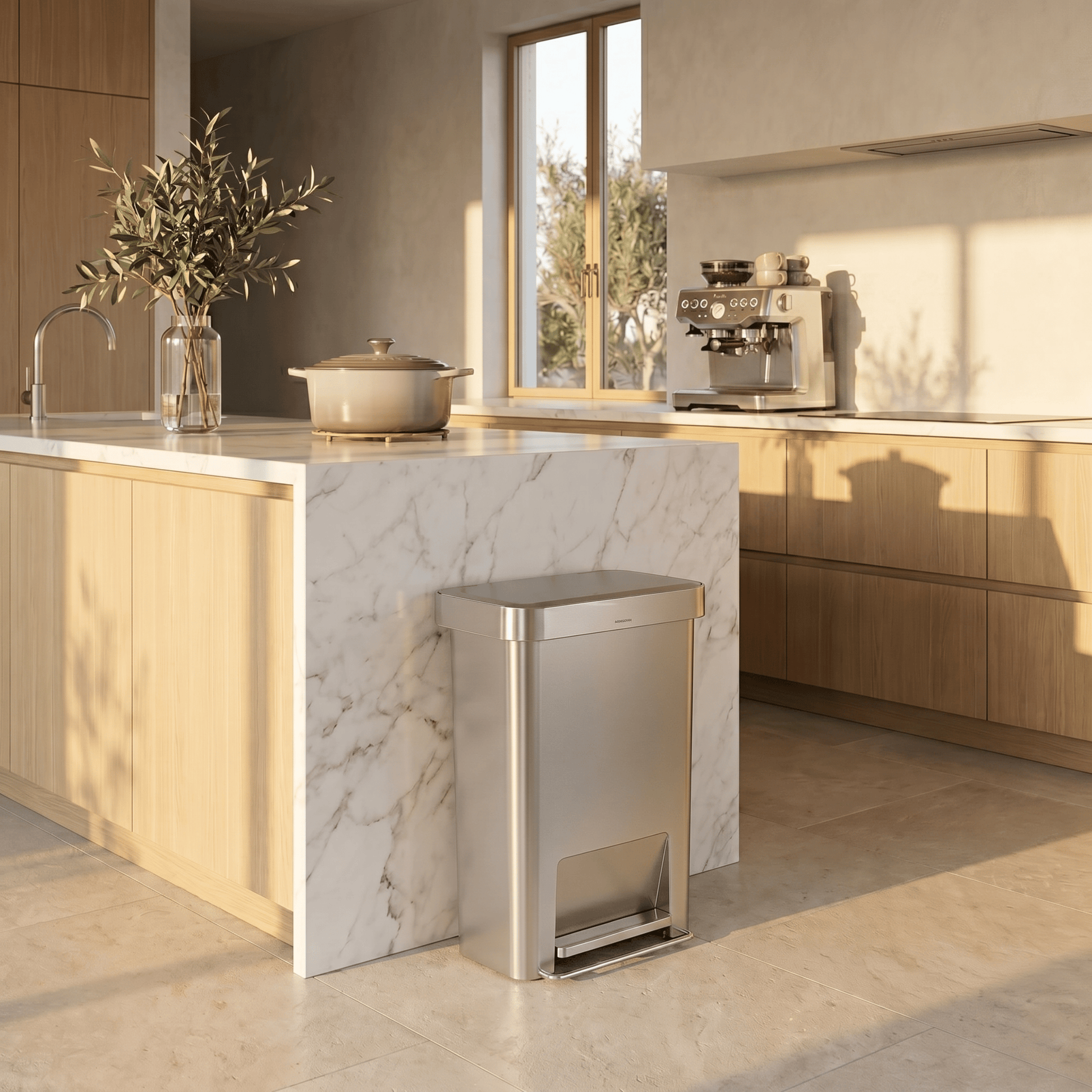 Simplehuman's 45L Hybrid Step Can in a modern kitchen setting.