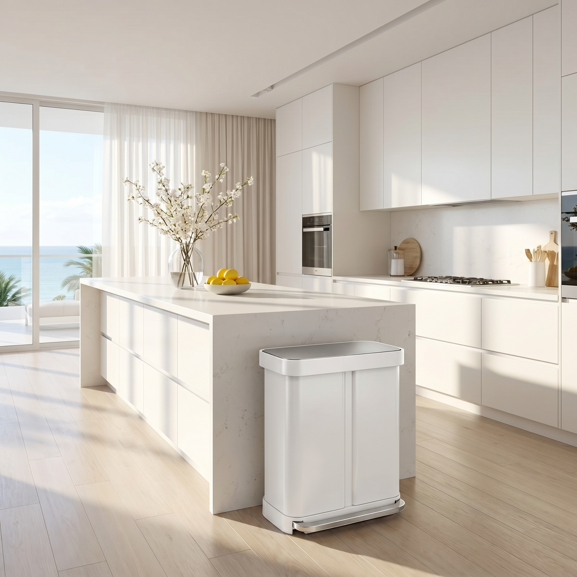 Simplehuman's 58L Step Recycler in white in a modern, coastal kitchen setting.