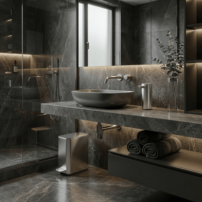 Simplehuman's 5L Slim Step Can in Polished in a modern, darker bathroom setting with charcoal colored countertop that includes the matching Sensor Pump.