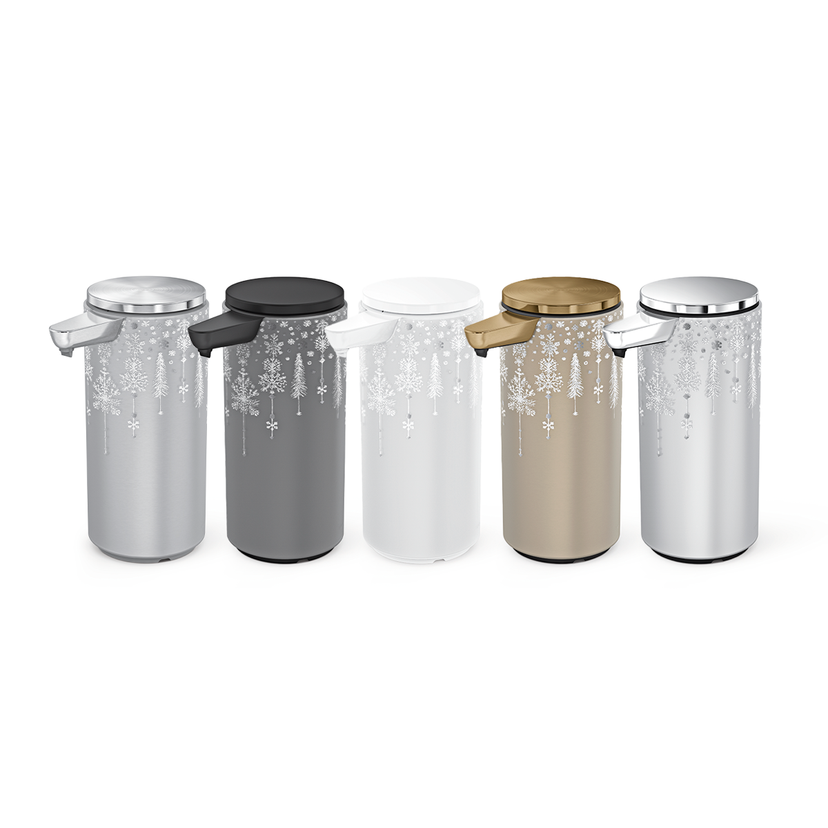 Simplehuman 14 oz Sensor Pump Holiday Sleeves shown in 5 finishes including Silver, Matte Black, White, and Brass, touch-free.