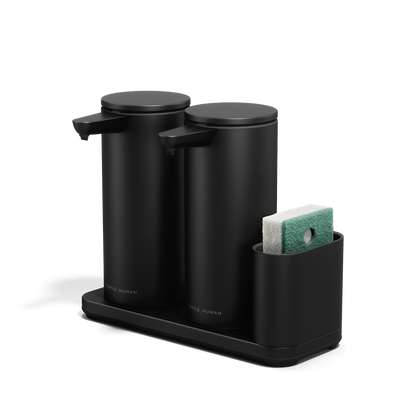 Angled view of Simplehuman Matte Black Dual Sensor Pump 14 oz. with caddy, rechargeable and hands-free dispensing.