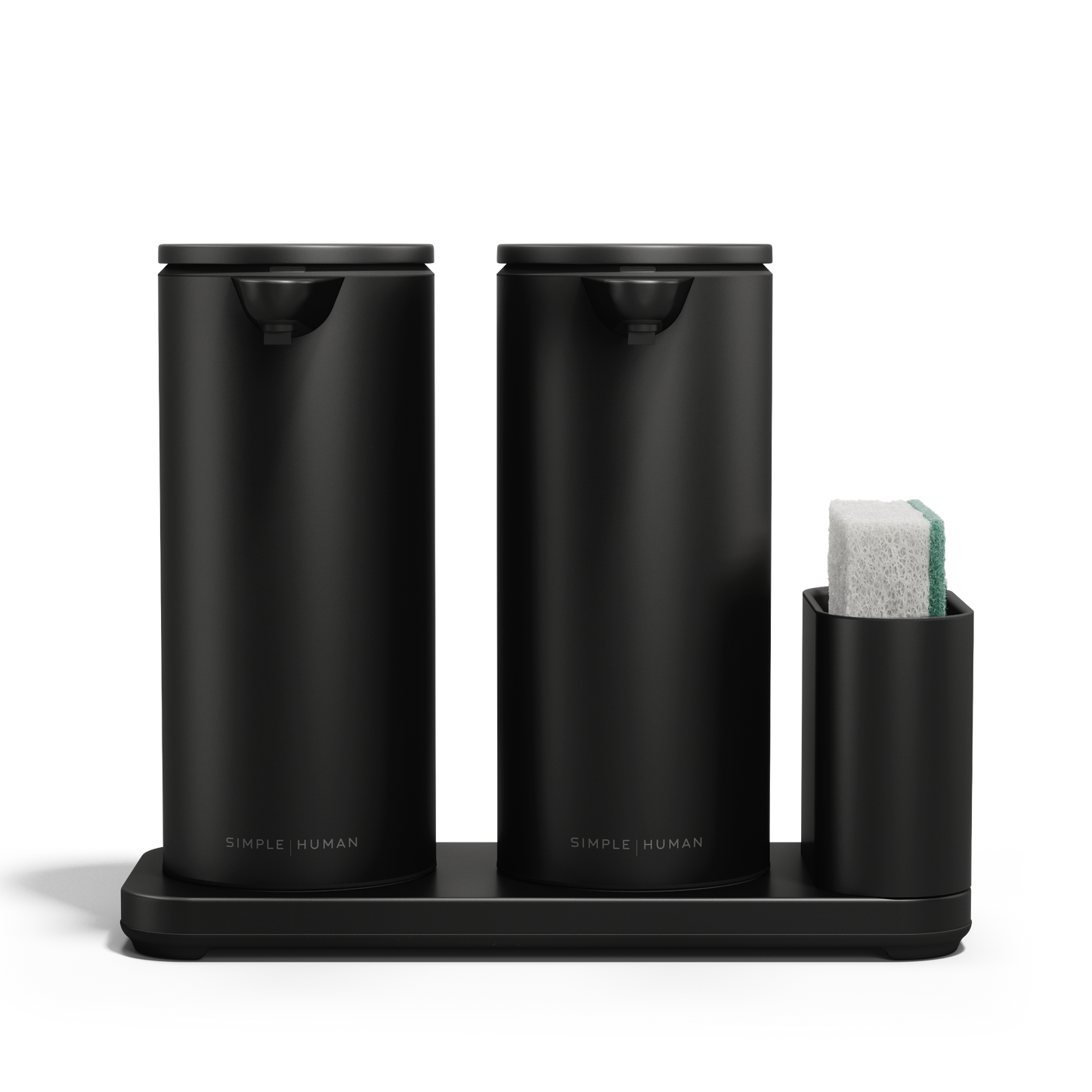 Simplehuman Matte Black Dual Sensor Pump 14 oz. with integrated caddy holding a sponge, touch-free and rechargeable.