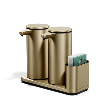 Three-quarter view of Simplehuman Brushed Brass Dual Sensor Pump 14 oz. with sponge caddy, twin rechargeable sensors.