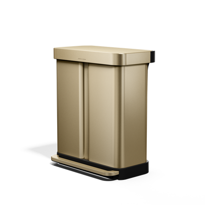 Tight angled view of Simplehuman 58L Step Recycler in Brass, dual compartments.