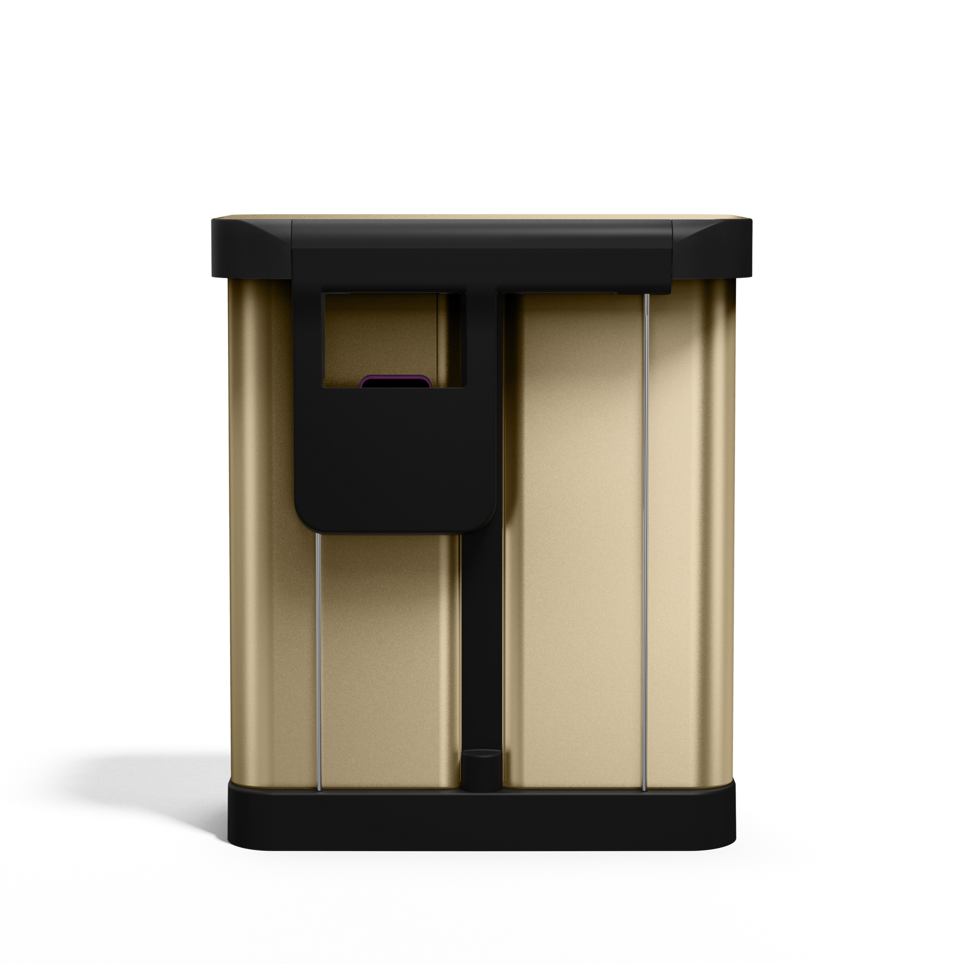 Detail view of Simplehuman 58L Step Recycler in Brass showing the integrated liner pocket opening.
