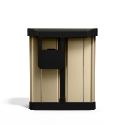Detail view of Simplehuman 58L Step Recycler in Brass showing the integrated liner pocket opening.