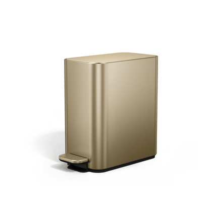 Simplehuman 5L Slim Step Can in Brass, space-saving slim profile, hands-free foot pedal.