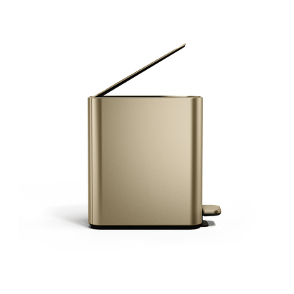 Simplehuman 5L Slim Step Can in Brass, open view, hands-free foot pedal operation.