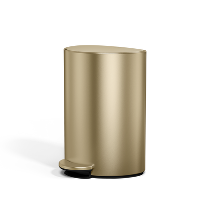 Simplehuman 6L Semi-Round Step Can in Brass, space-saving design with durable hands-free pedal.
